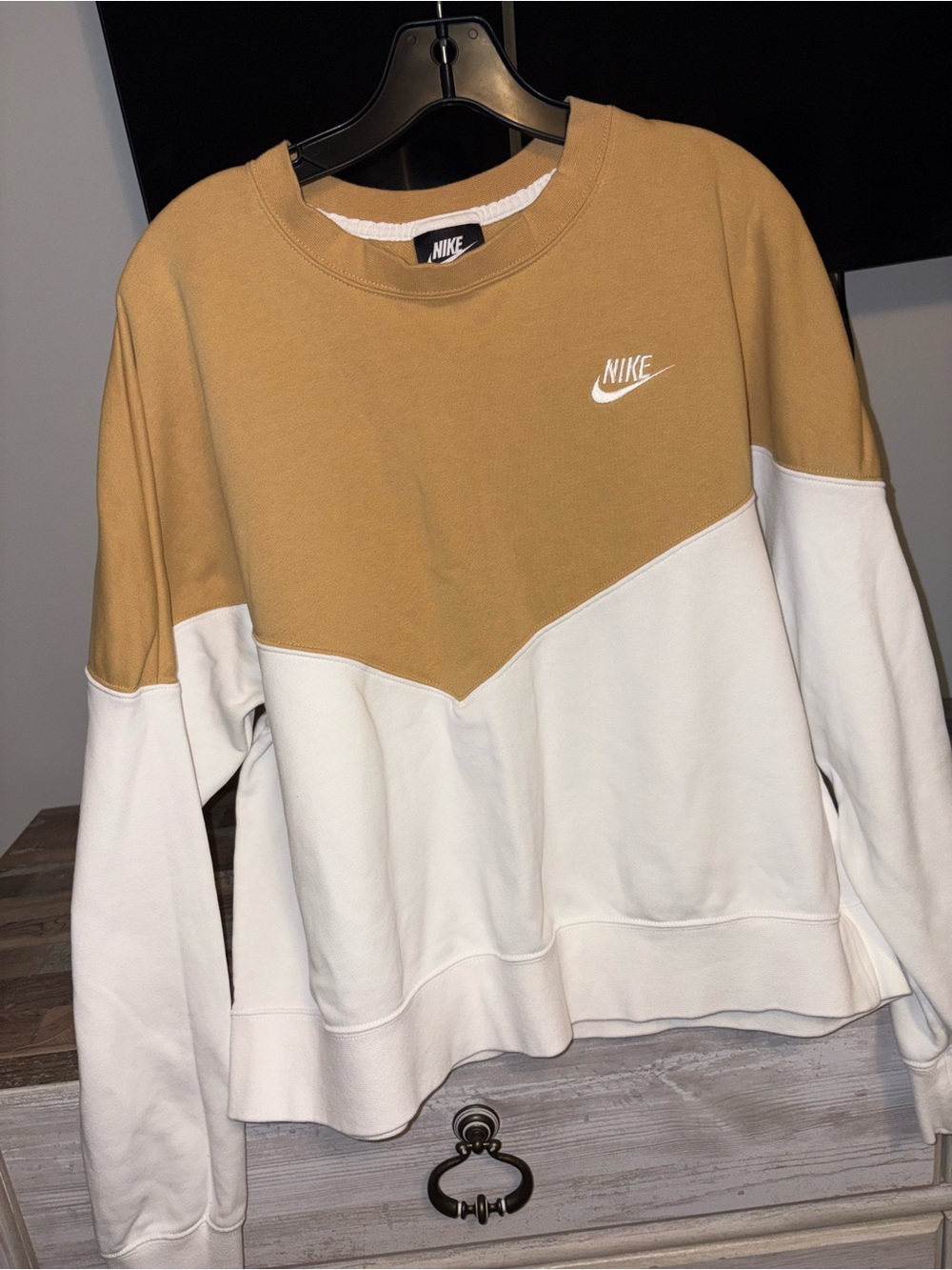 Nike Women’s Colorblock Crewneck Sweater in Tan and White